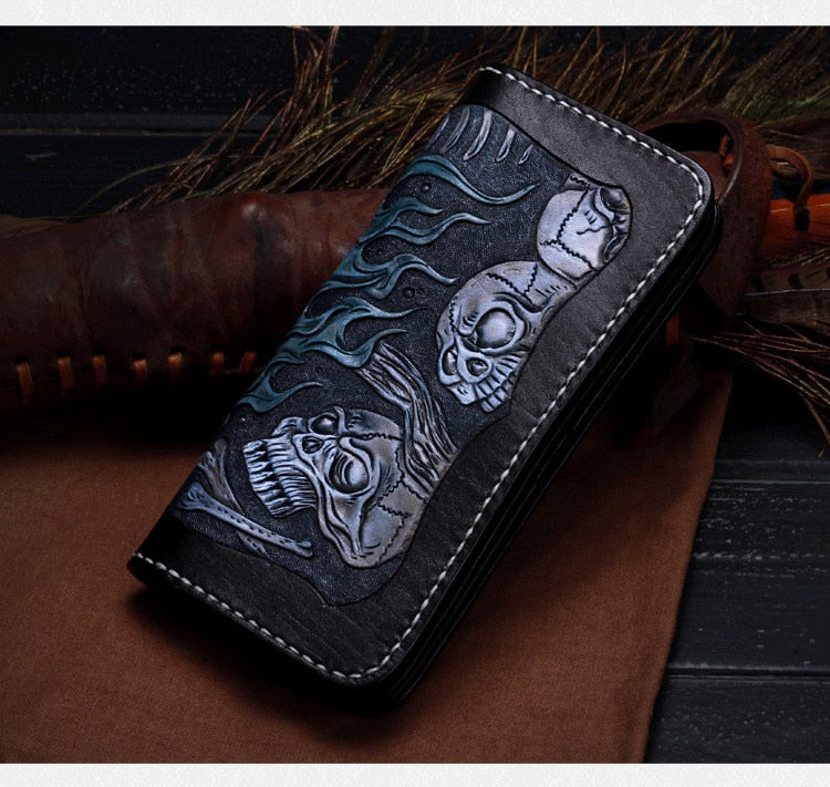 Hand Carving Leather Skull Wallet