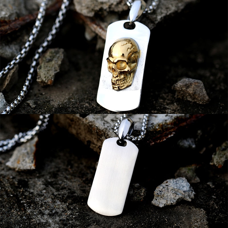 Stainless Steel Silver Gold Skull Dog Tag Necklace