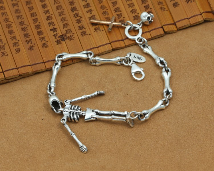 925 Silver Skull Skeleton and Cross Bracelet
