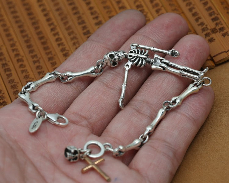 925 Silver Skull Skeleton and Cross Bracelet