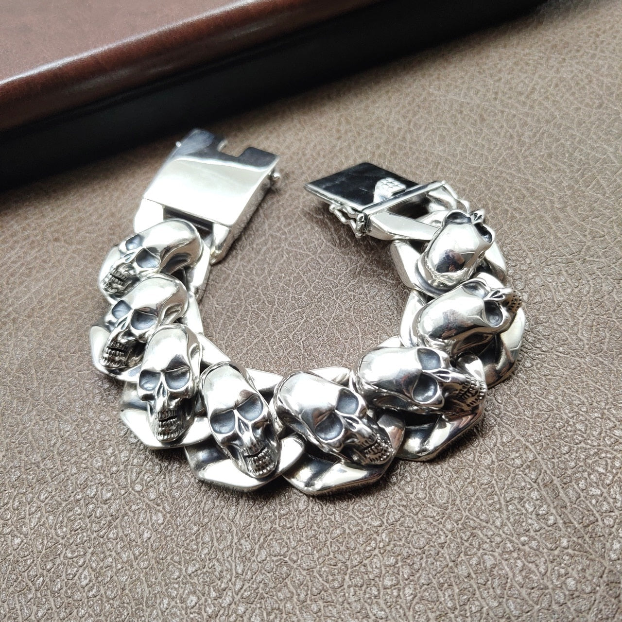 Solid 925 Pure Silver Biker Skull Bracelet