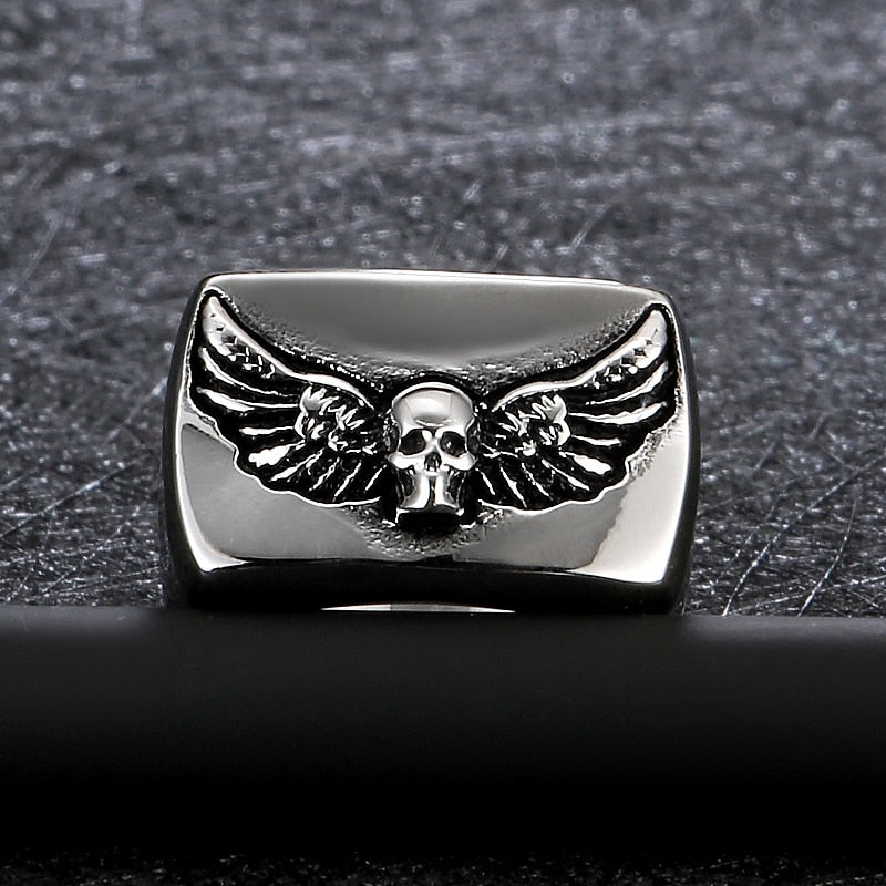 Bold High Polished Punk Wings Skull Ring