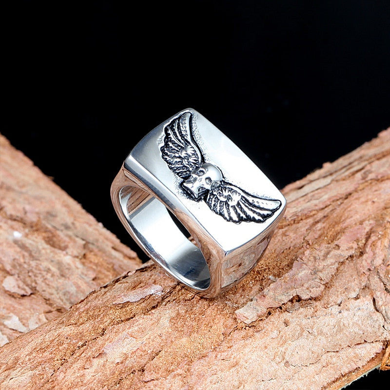 Bold High Polished Punk Wings Skull Ring