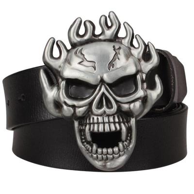 Genuine Leather Metal Buckle Flame Skull Belt