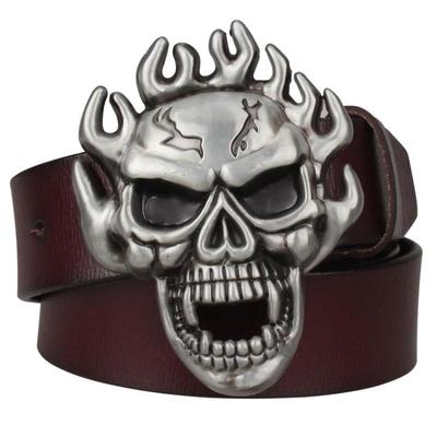 Genuine Leather Metal Buckle Flame Skull Belt