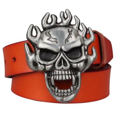 Genuine Leather Metal Buckle Flame Skull Belt