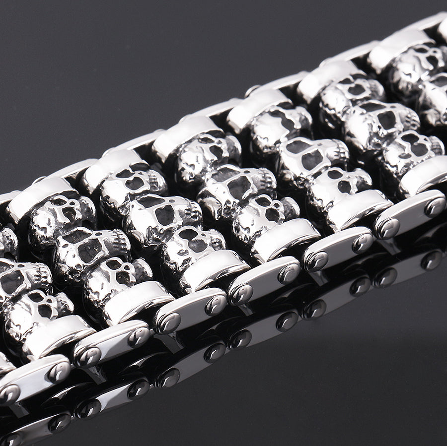 Stainless Steel Huge Heavy Solid Silver Skeleton Skull Bracelet