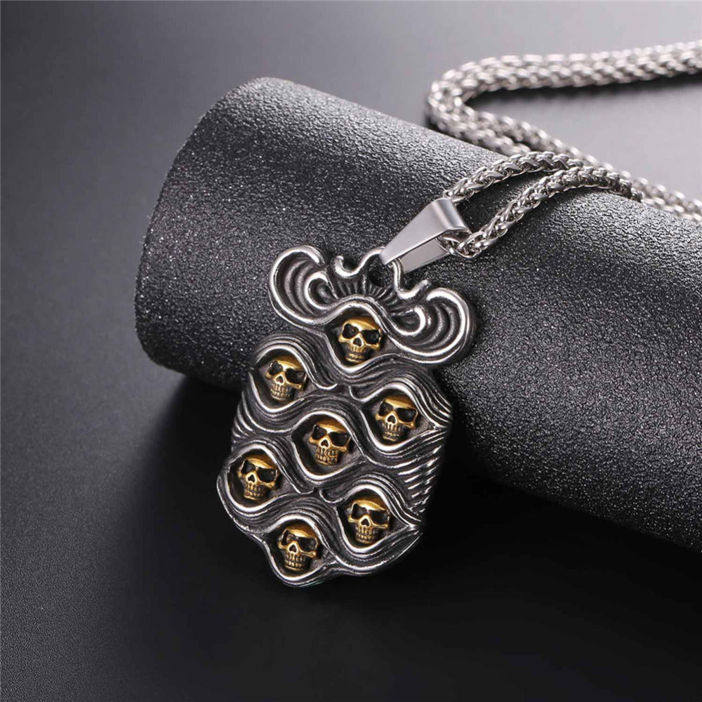 Stainless Steel Cool Punk Seven Skulls Two-color Tag Pendant Necklace