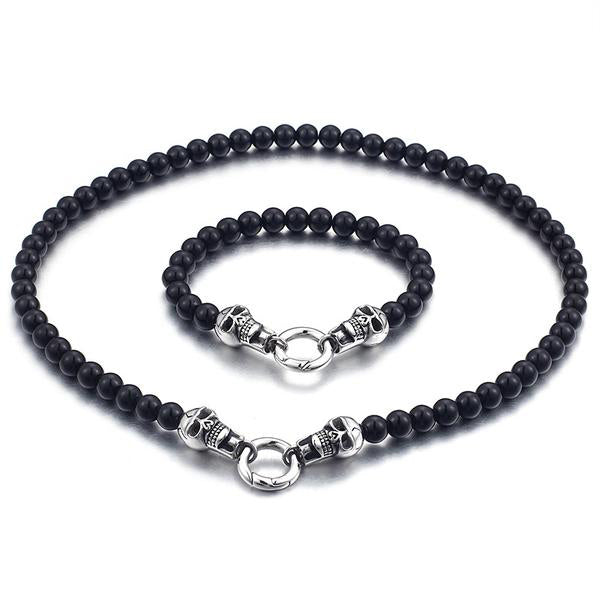 Stainless Steel Black Beads Double Skull Bracelet & Necklace Set For Men