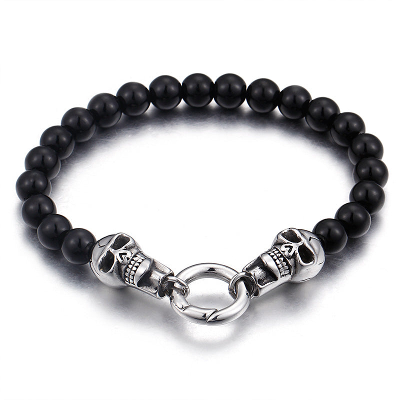 Stainless Steel Black Beads Double Skull Bracelet & Necklace Set For Men