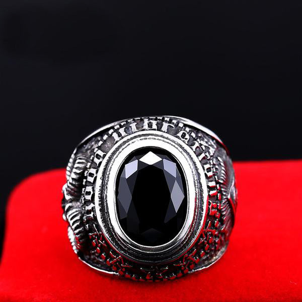 Stainless Steel Black Stone Antelope Skull Ring