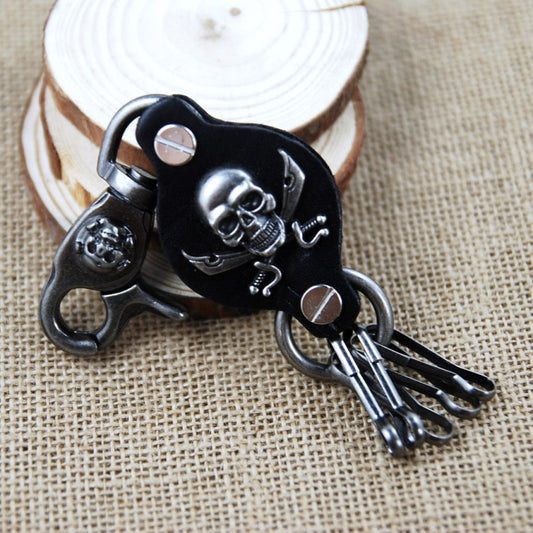 Black Gun Plated Leather Pirate Skull Keychains
