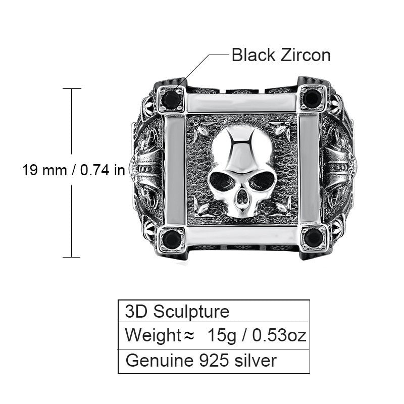 Adjustable Size 925 Sterling Silver Biker Skull Ring