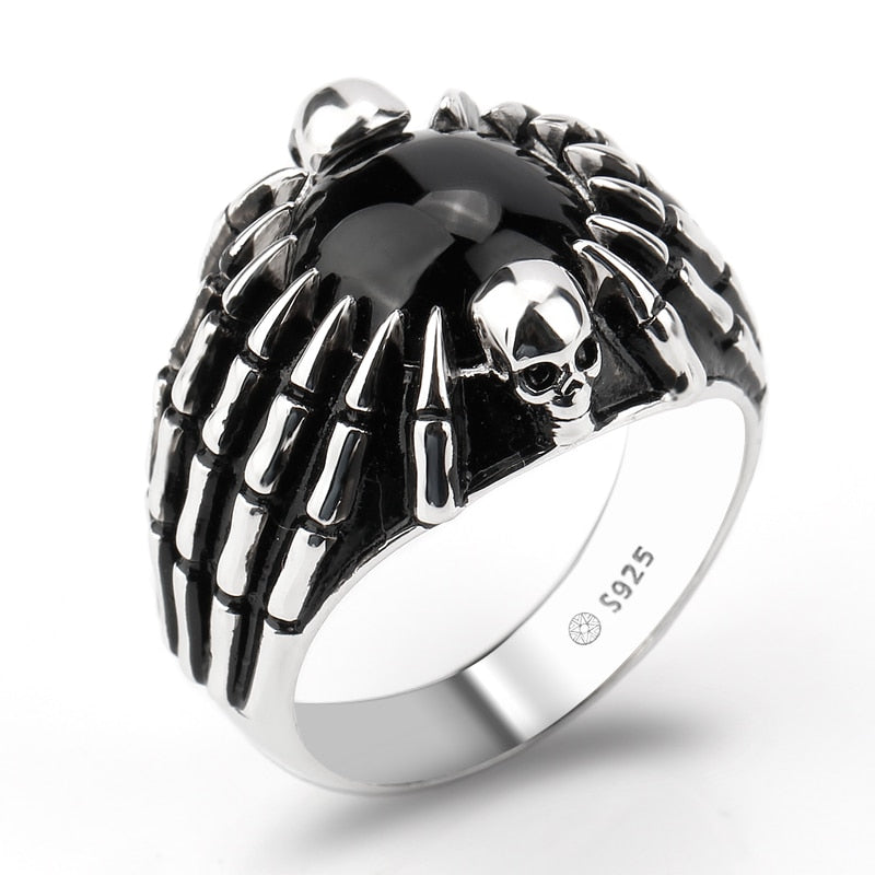925 Sterling Silver Skull Ring with Black Semi-precious Stone
