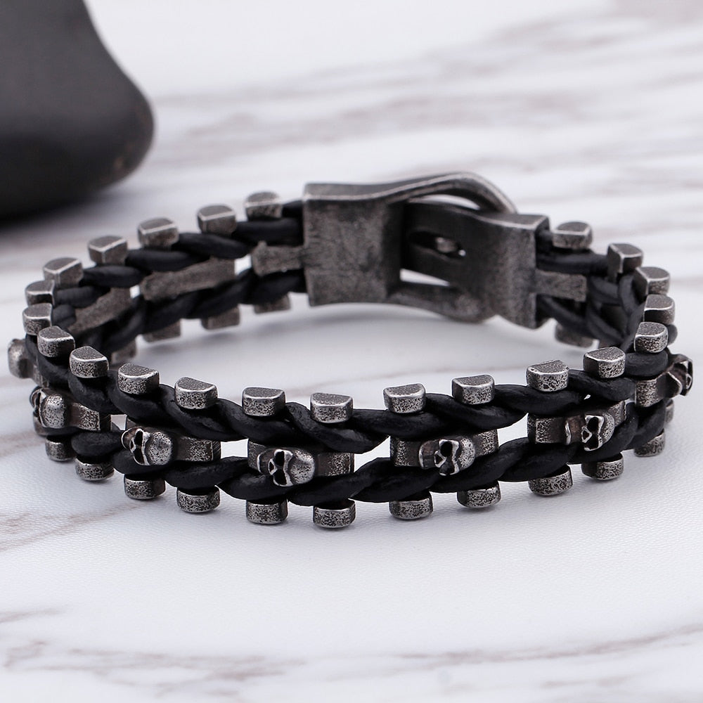 Stainless Steel Braided Leather Men Skull Bracelet