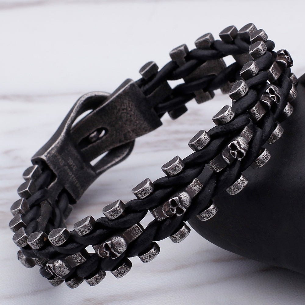 Stainless Steel Braided Leather Men Skull Bracelet