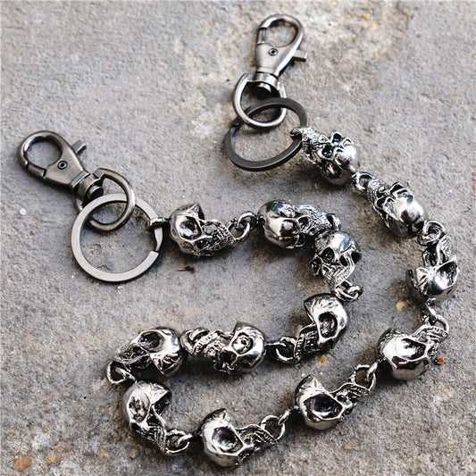 SD Cool Men's Leather Stainless Steel Woven Skull Key Chain Pants Chain Biker Wallet Chain for Men Silver / 66cm / Black