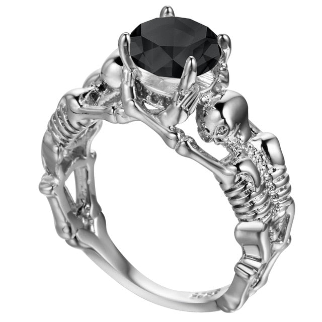 Black Stone Silver Ghost Evil Skull Skeleton Hand CZ Rings