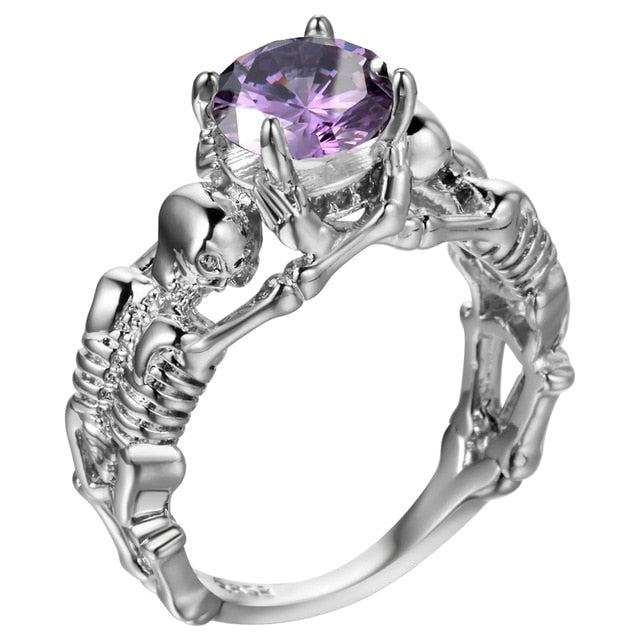 Purple Stone Silver Ghost Evil Skull Skeleton Hand CZ Rings