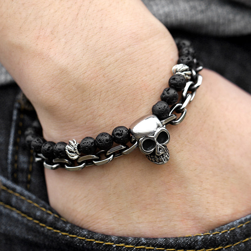 Charm Beaded Stainless Steel Skull Bracelet. Badass bracelet for men. Cool gift for cool man. Badass gift for bikers. Badass jewelry. Badass biker skull jewelry. Badass skulll accessories. Badass gift for badass. Badass skull accessories. Badass skull jewelry. Christmas gift for badass. Christmas gift for bikers. Christmas gifts for tattoo artists.