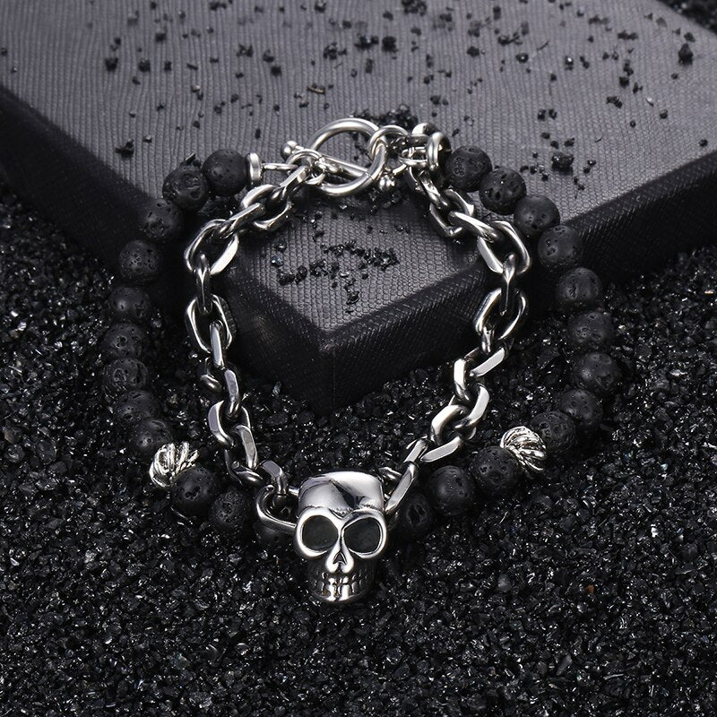 Charm Beaded Stainless Steel Skull Bracelet. Badass bracelet for men. Cool gift for cool man. Badass gift for bikers. Badass jewelry. Badass biker skull jewelry. Badass skulll accessories. Badass gift for badass. Badass skull accessories. Badass skull jewelry. Christmas gift for badass. Christmas gift for bikers. Christmas gifts for tattoo artists.