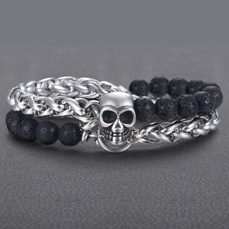 Charm Beaded Stainless Steel Skull Bracelet. Badass bracelet for men. Cool gift for cool man. Badass gift for bikers. Badass jewelry. Badass biker skull jewelry. Badass skulll accessories. Badass gift for badass. Badass skull accessories. Badass skull jewelry. Christmas gift for badass. Christmas gift for bikers. Christmas gifts for tattoo artists.