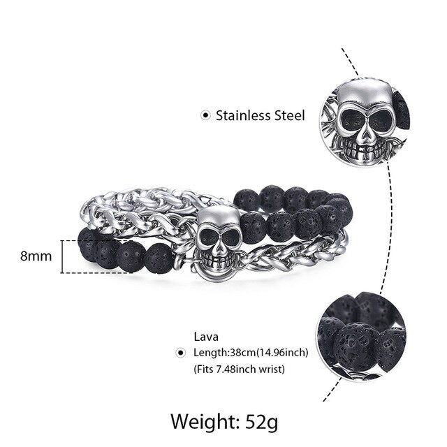 Charm Beaded Stainless Steel Skull Bracelet. Badass bracelet for men. Cool gift for cool man. Badass gift for bikers. Badass jewelry. Badass biker skull jewelry. Badass skulll accessories. Badass gift for badass. Badass skull accessories. Badass skull jewelry. Christmas gift for badass. Christmas gift for bikers. Christmas gifts for tattoo artists.