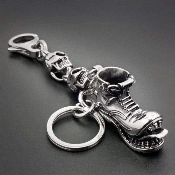 Unique Solid Stainless Steel Biker Skulls and Boot Keychain