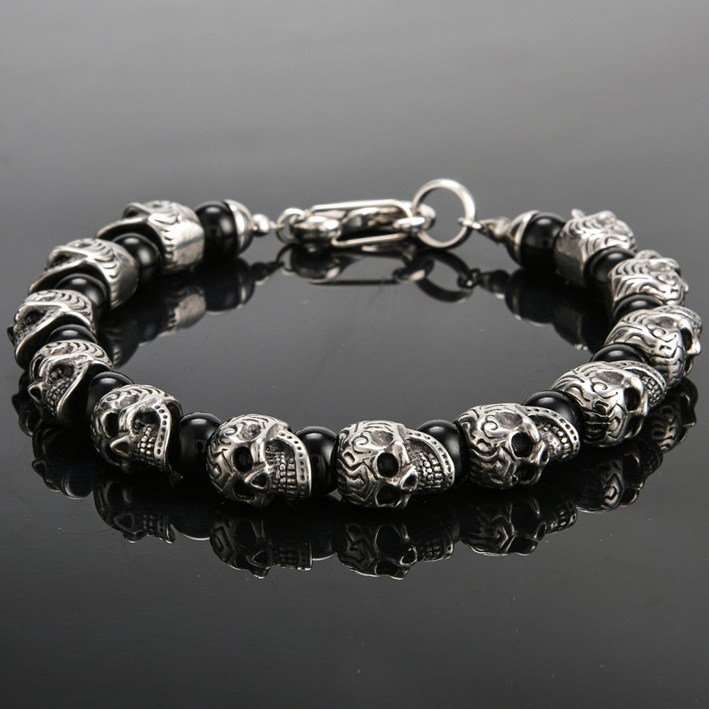 Vintage Stainless Steel 8mm Natural Stone Skull Bracelet. Badass bracelet for men. Cool gift for cool man. Badass gift for bikers. Badass jewelry. Badass biker skull jewelry. Badass skulll accessories. Badass gift for badass. Badass skull accessories. Badass skull jewelry. Christmas gift for badass. Christmas gift for bikers. Christmas gifts for tattoo artists.