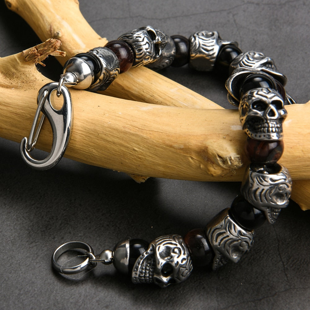 Vintage Stainless Steel 8mm Natural Stone Skull Bracelet. Badass bracelet for men. Cool gift for cool man. Badass gift for bikers. Badass jewelry. Badass biker skull jewelry. Badass skulll accessories. Badass gift for badass. Badass skull accessories. Badass skull jewelry. Christmas gift for badass. Christmas gift for bikers. Christmas gifts for tattoo artists.