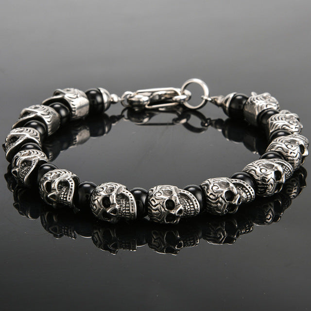 Vintage Stainless Steel 8mm Natural Stone Skull Bracelet. Badass bracelet for men. Cool gift for cool man. Badass gift for bikers. Badass jewelry. Badass biker skull jewelry. Badass skulll accessories. Badass gift for badass. Badass skull accessories. Badass skull jewelry. Christmas gift for badass. Christmas gift for bikers. Christmas gifts for tattoo artists.