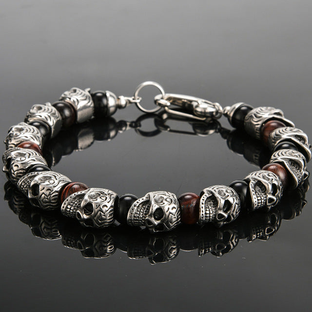 Vintage Stainless Steel 8mm Natural Stone Skull Bracelet. Badass bracelet for men. Cool gift for cool man. Badass gift for bikers. Badass jewelry. Badass biker skull jewelry. Badass skulll accessories. Badass gift for badass. Badass skull accessories. Badass skull jewelry. Christmas gift for badass. Christmas gift for bikers. Christmas gifts for tattoo artists.