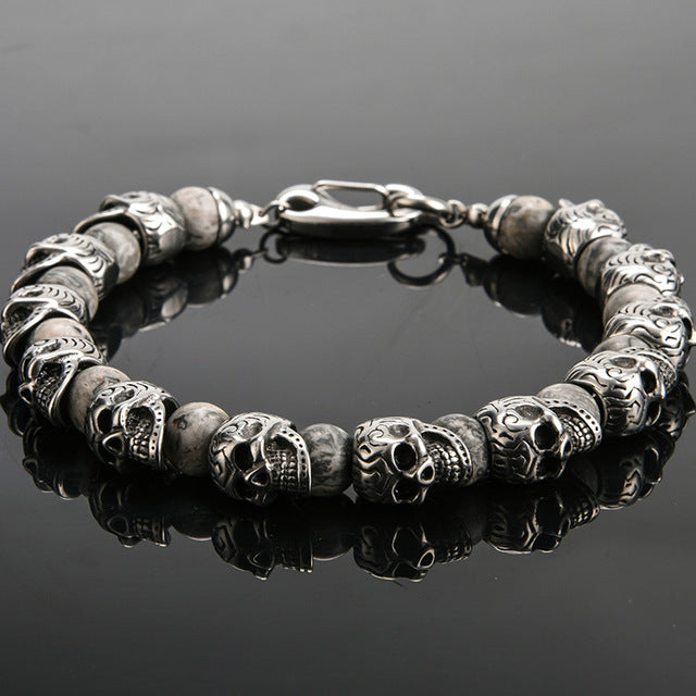 Vintage Stainless Steel 8mm Natural Stone Skull Bracelet. Badass bracelet for men. Cool gift for cool man. Badass gift for bikers. Badass jewelry. Badass biker skull jewelry. Badass skulll accessories. Badass gift for badass. Badass skull accessories. Badass skull jewelry. Christmas gift for badass. Christmas gift for bikers. Christmas gifts for tattoo artists.