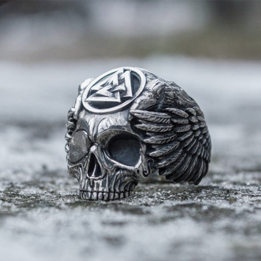 Odin with Ravens Stainless Steel Skull Ring