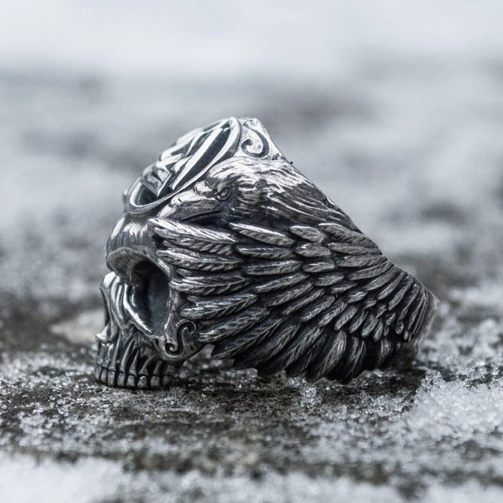 Odin with Ravens Stainless Steel Skull Ring