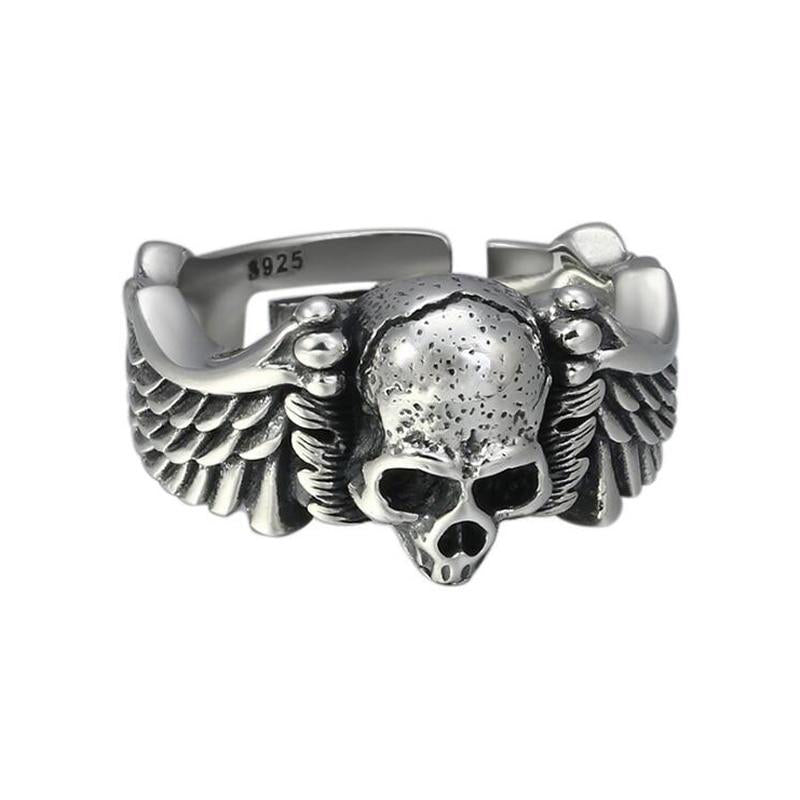 925 Sterling Silver Skull Angel wings Adjustable Ring