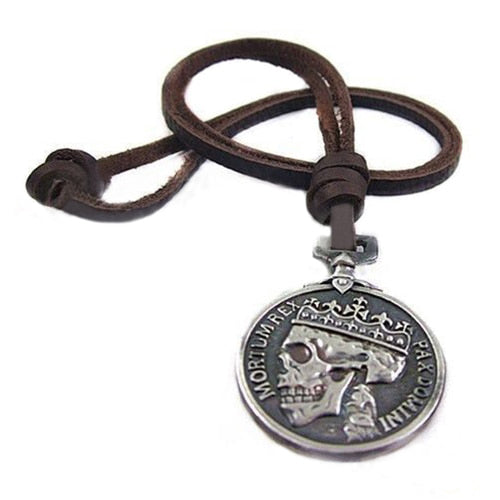 Vintage Charms Skull Pendant with Leather Necklace. Badass Skull jewelry and Badass skull accessories