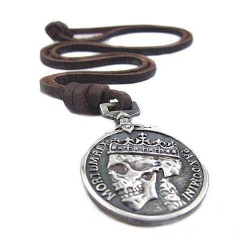 Vintage Charms Skull Pendant with Leather Necklace. Badass Skull jewelry and Badass skull accessories